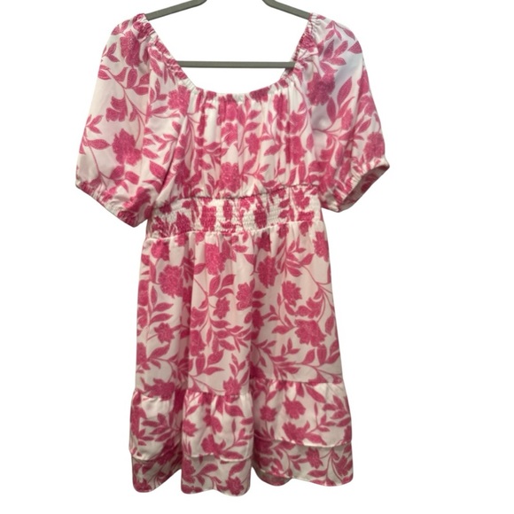 LC Lauren Conrad Short Puff Sleeve PinkFloral Mini Dress Tie Front Milkmade Sz M - Picture 3 of 9